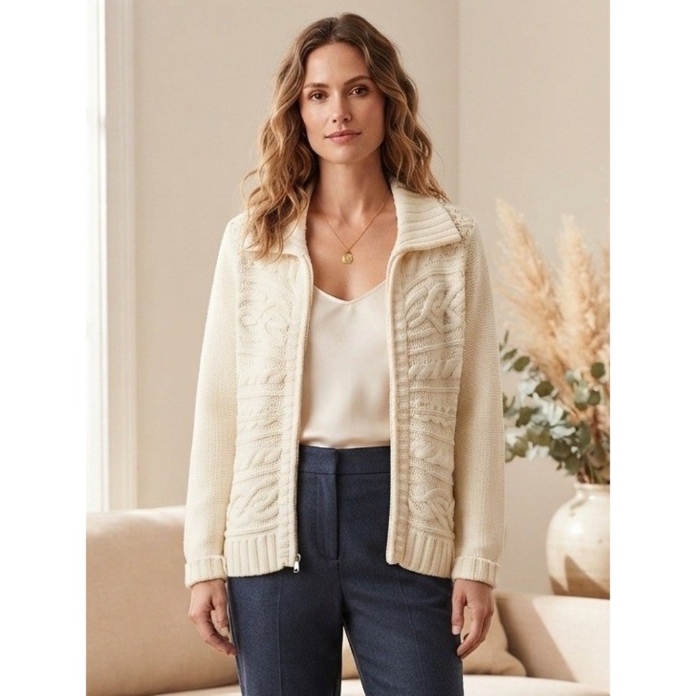 St. John's Bay Petite Cable Knit Full Zip Cardigan Sweater Women PM Cream Cotton